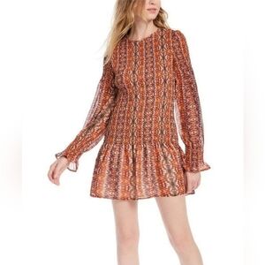 Leyden Women's Long Sleeve Multicolor Drop Waist Smocked  Dress Small New Boho